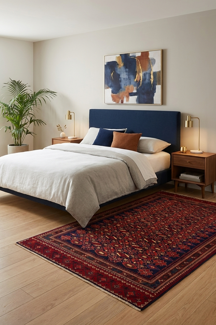 Indigo &amp; Red All-Over Floral Rug, Hand-Knotted Afghani Sherwan