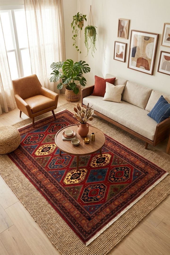Burgundy &amp; Gold Compartment Rug, Hand-Knotted Afghani Sherwan