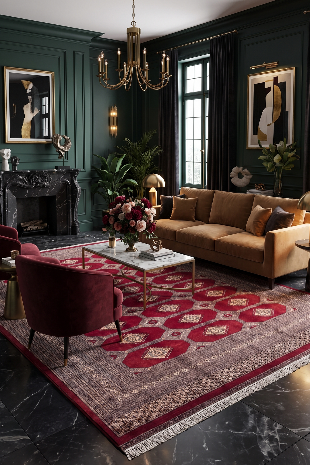 Deep Red Diamond Gül Jaldar Rug, Hand-Knotted Pakistani Wool