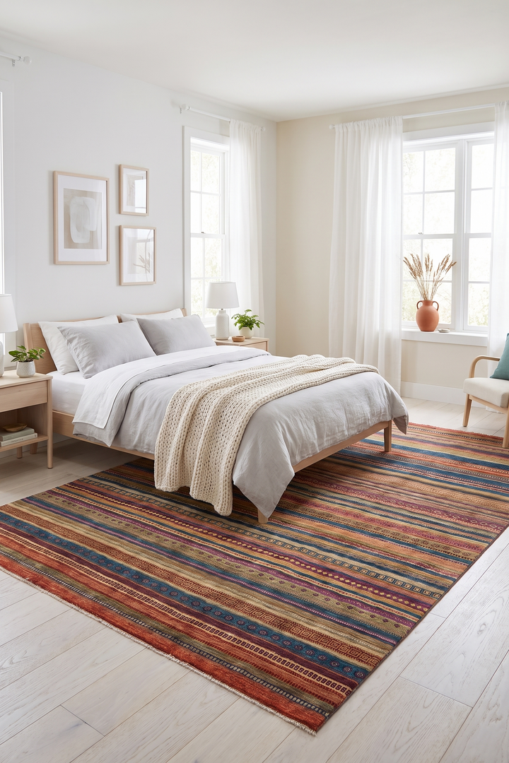 多色部族柄 ガズニー、手織りアフガンウールラグ