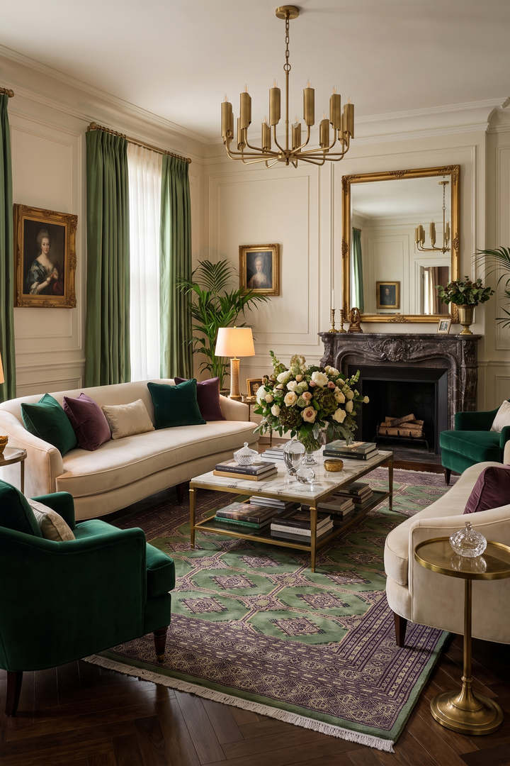 An elegant, classic living room featuring a cream-colored sofa and two emerald green velvet armchairs, styled with a patterned green and purple area rug, a marble-top coffee table, and a large gold-framed mirror above a dark fireplace.