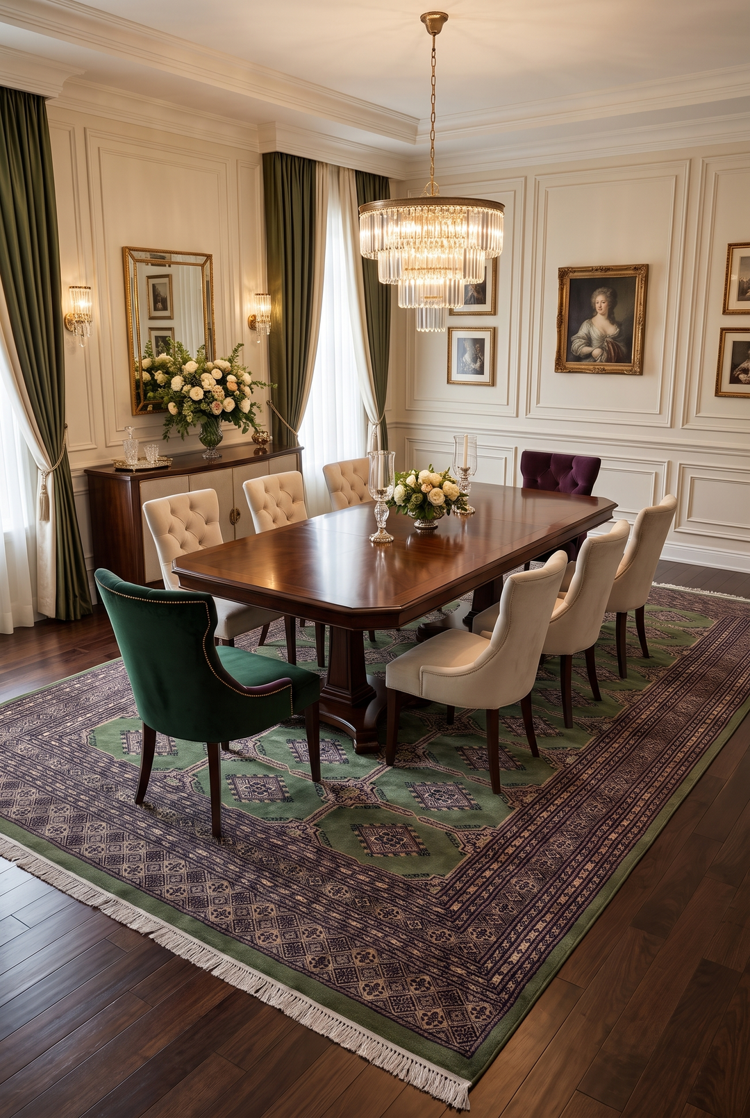 Moss Green Diamond Gül Jaldar Rug, Hand-Knotted Pakistani Wool