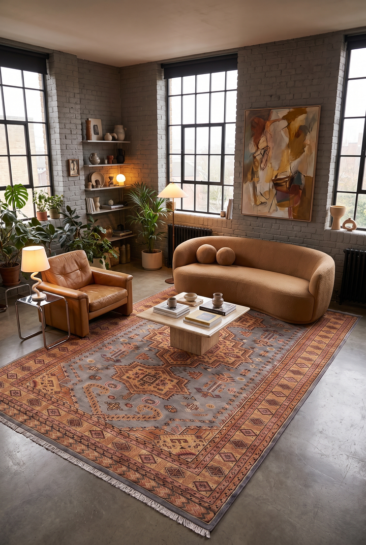Grey &amp; Gold Tribal Medallion Jaldar Rug, Hand-Knotted Pakistani Wool &amp; Silk