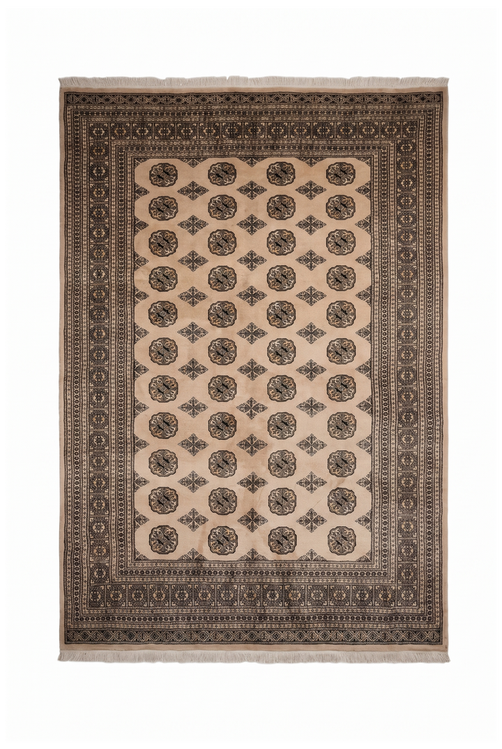 Sandy Beige &amp; Black Turkmen Gül Bokhara Rug, Hand-Knotted Pakistani Wool