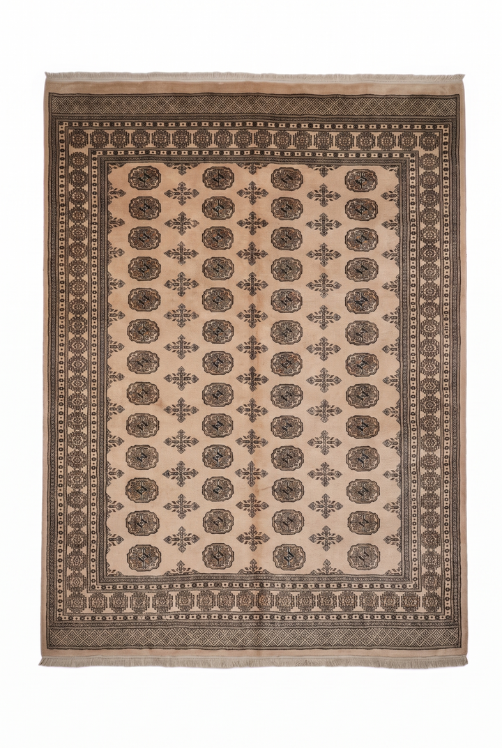 Camel Beige &amp; Charcoal Turkmen Gül Bokhara Rug, Hand-Knotted Pakistani Wool