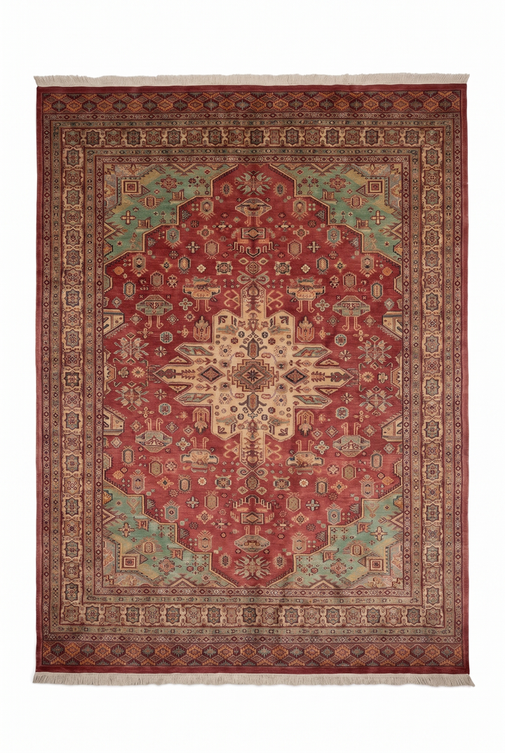 Rust Red &amp; Green Tribal Medallion Single Knot Wool and Silk Rug