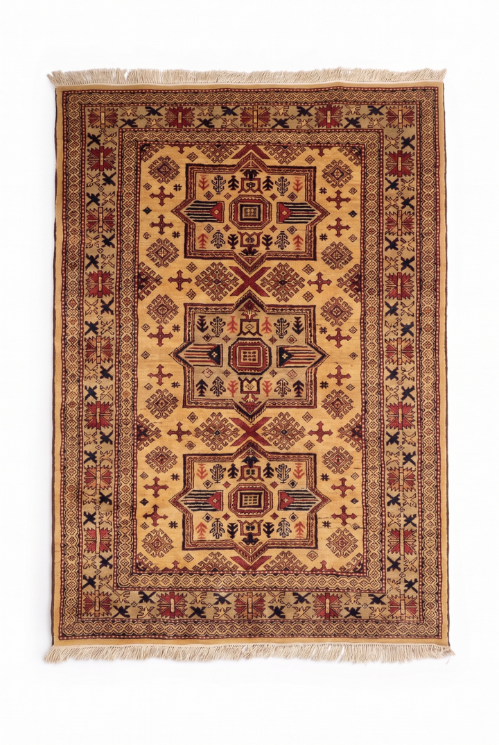 Gold Caucasian Star Kazak Rug, Hand-Knotted Afghan Wool