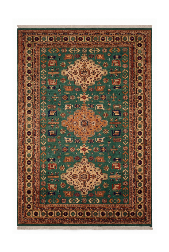 Green Tribal Medallion Rug, Hand-Knotted Afghani Sherwan