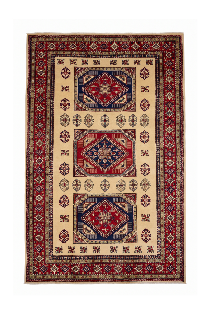 Ivory &amp; Red Kazak Medallion Rug, Hand-Knotted Afghani Sherwan