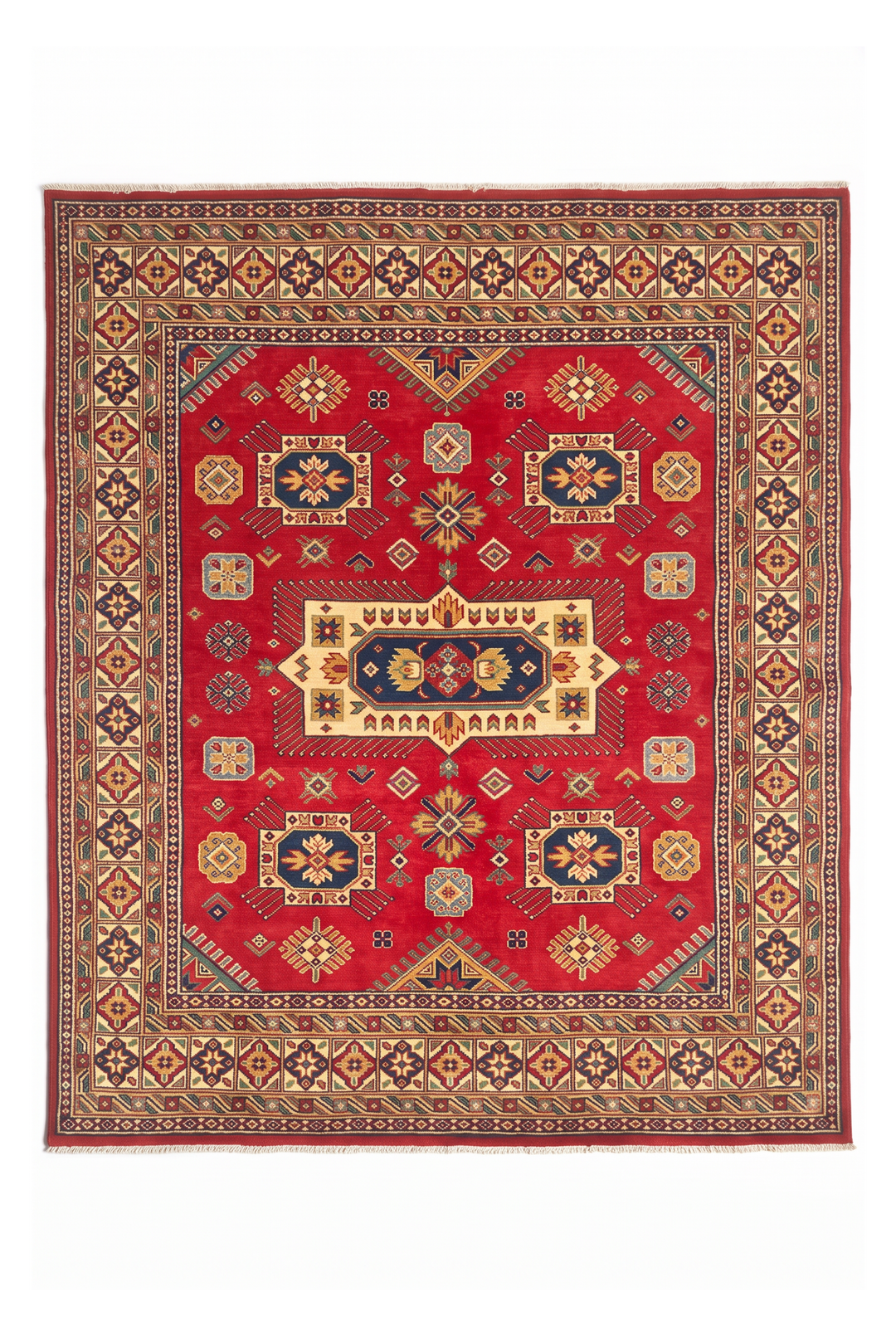 Red &amp; Ivory Kazak Medallion Rug, Hand-Knotted Afghani Sherwan