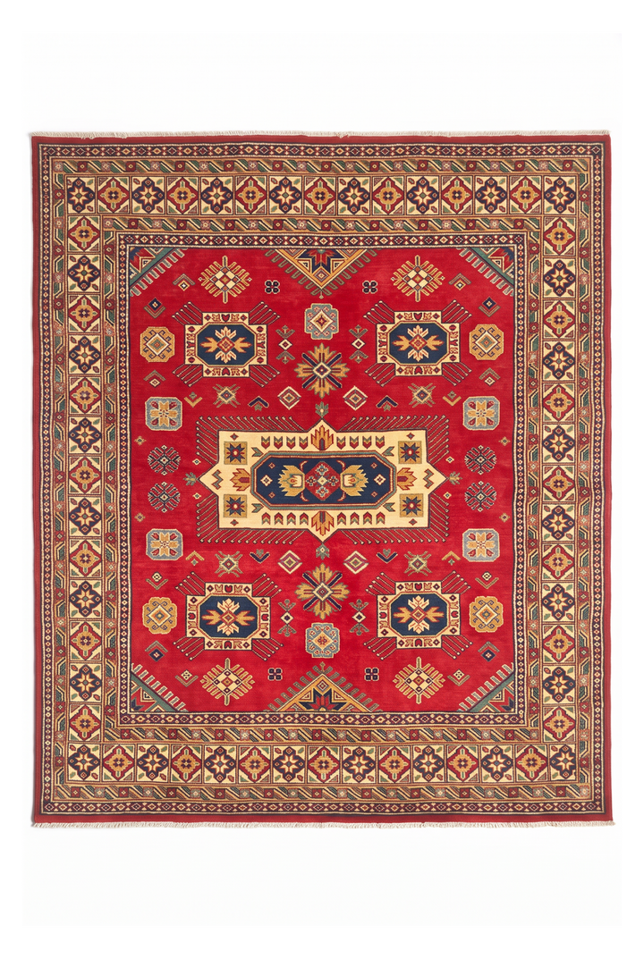 Red &amp; Ivory Kazak Medallion Rug, Hand-Knotted Afghani Sherwan