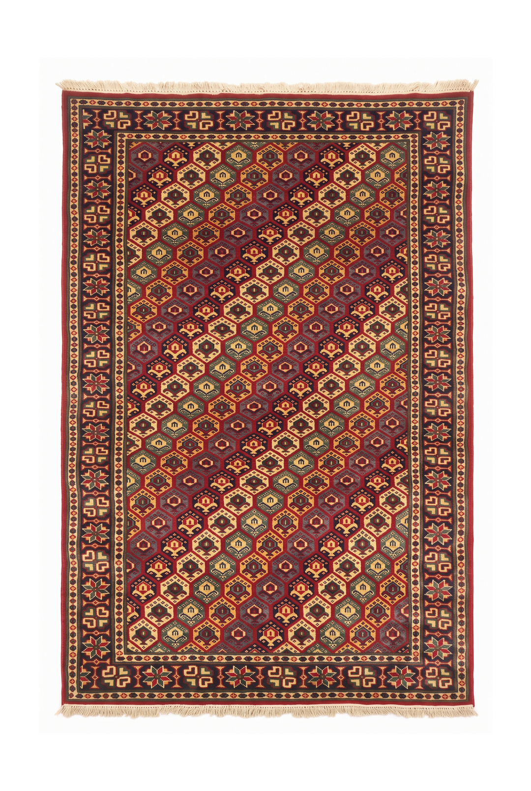 Multicolour Honeycomb Rug, Hand-Knotted Afghani Sherwan