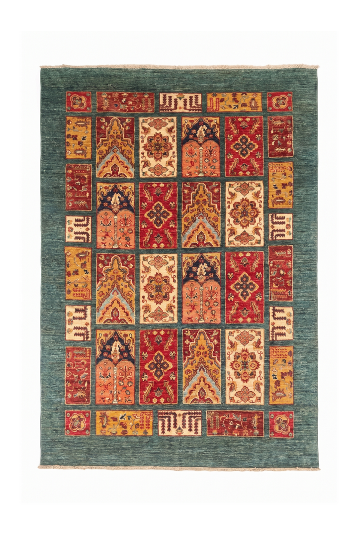 Teal Bakhtiari Garden Panel Ghazni, Hand-Knotted Afghan Wool Rug