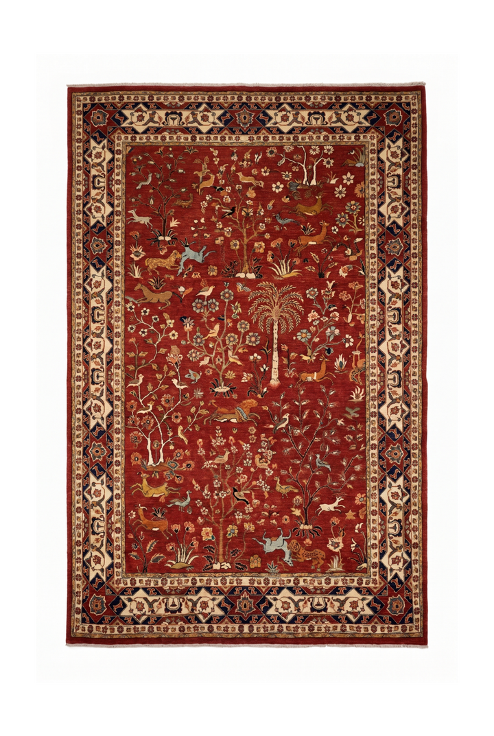 Red Shikargah Paradise Ghazni, Hand-Knotted Afghan Wool Rug