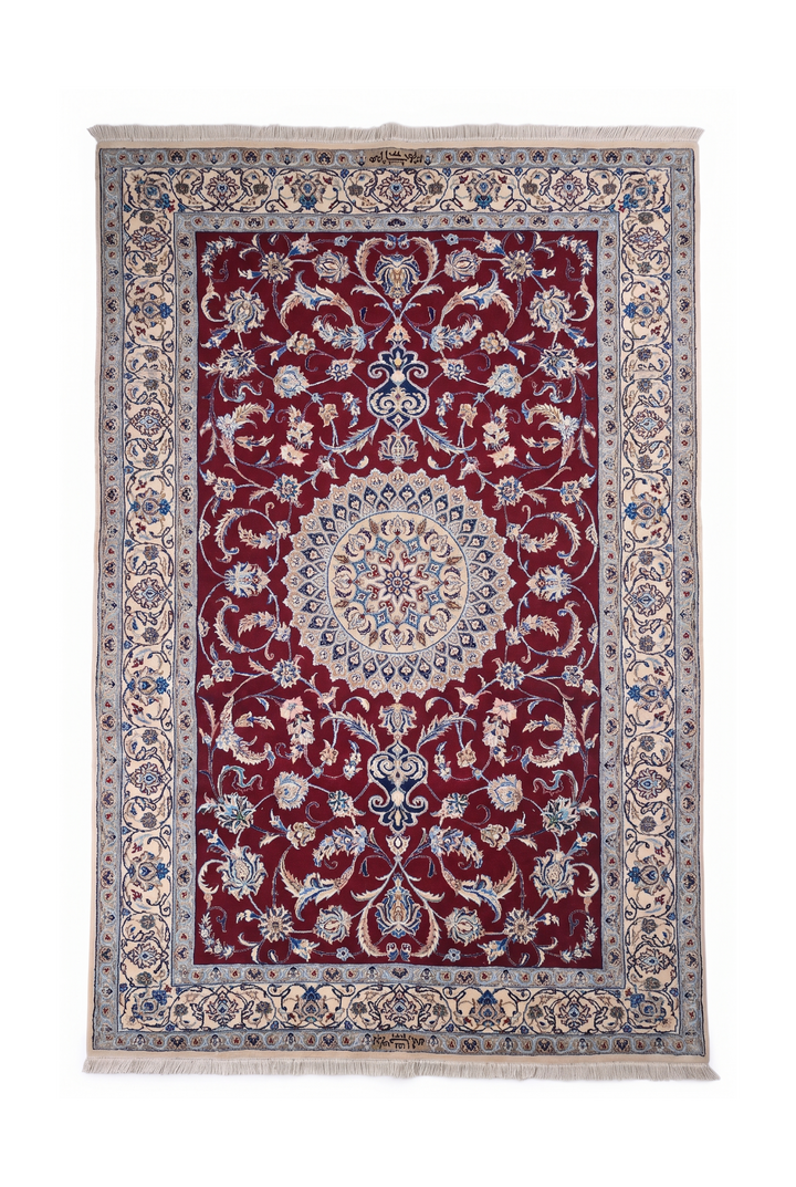 Wine-Red Medallion Persian Nain, Hand-Knotted Wool Rug