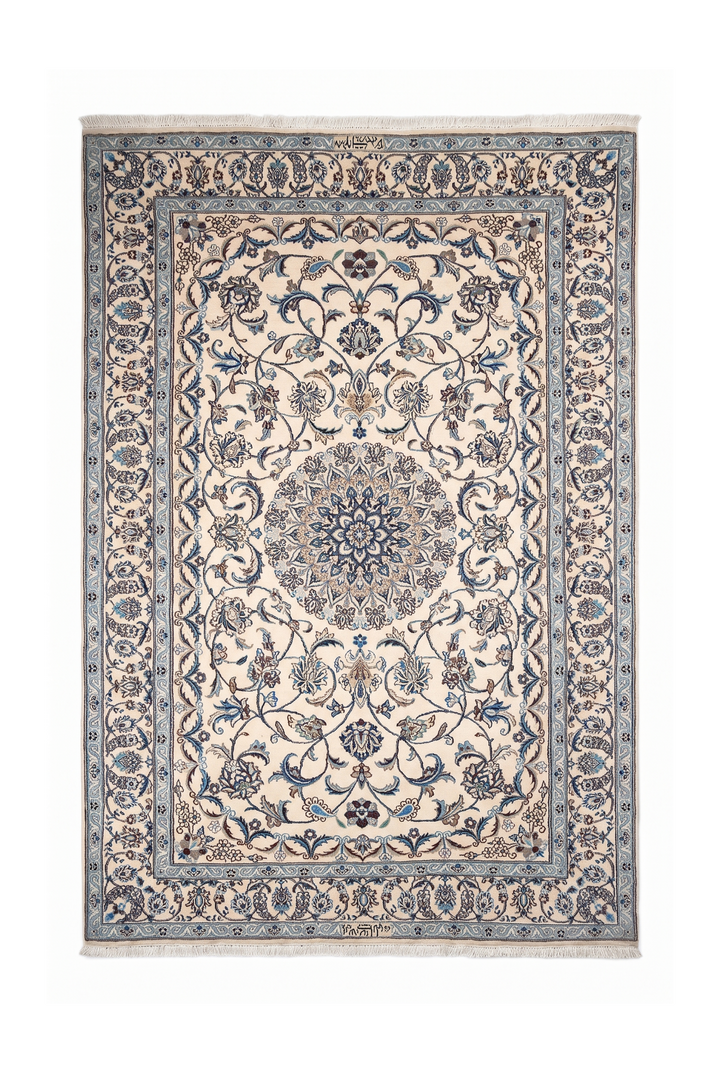 Ivory &amp; Blue Floral Persian Nain, Hand-Knotted Wool Rug
