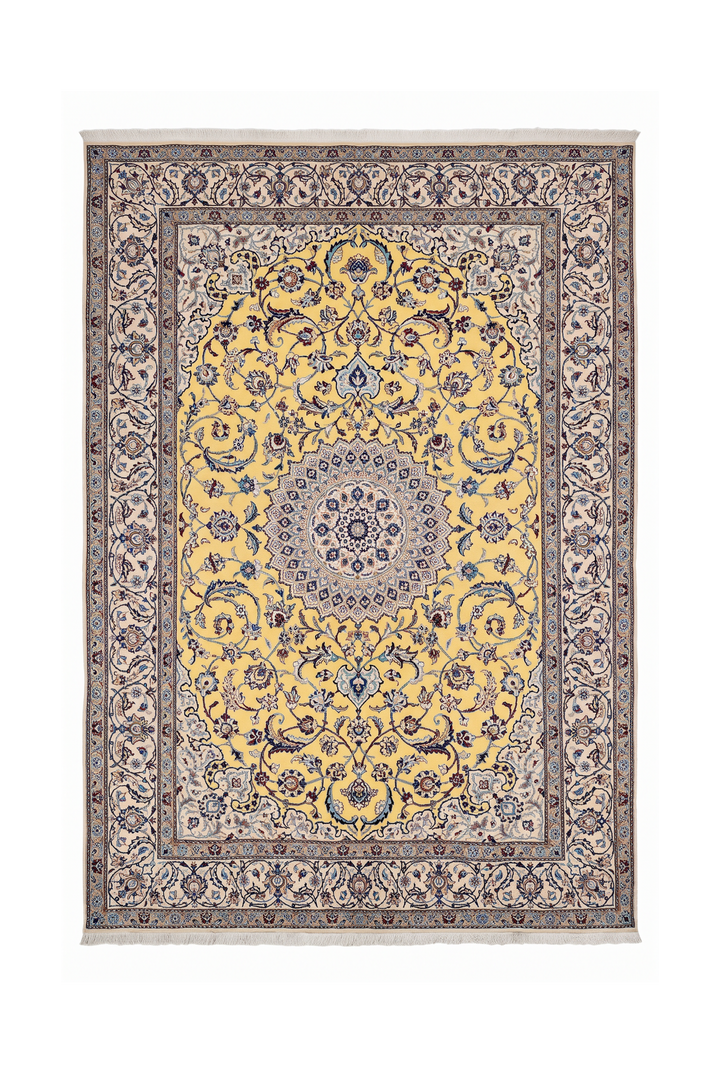Saffron-Yellow Medallion Persian Nain, Hand-Knotted Wool Rug