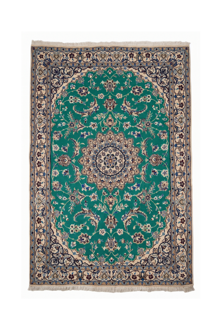 Emerald-Green Medallion Persian Nain, Hand-Knotted Wool Rug