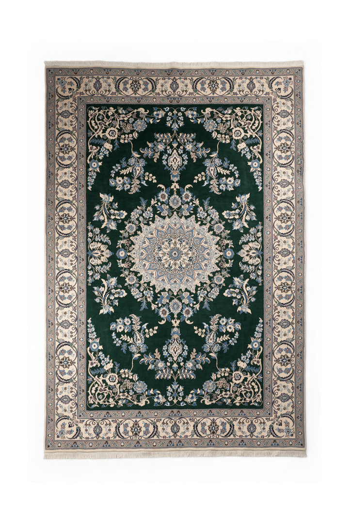 Forest-Green Medallion Persian Nain, Hand-Knotted Wool Rug