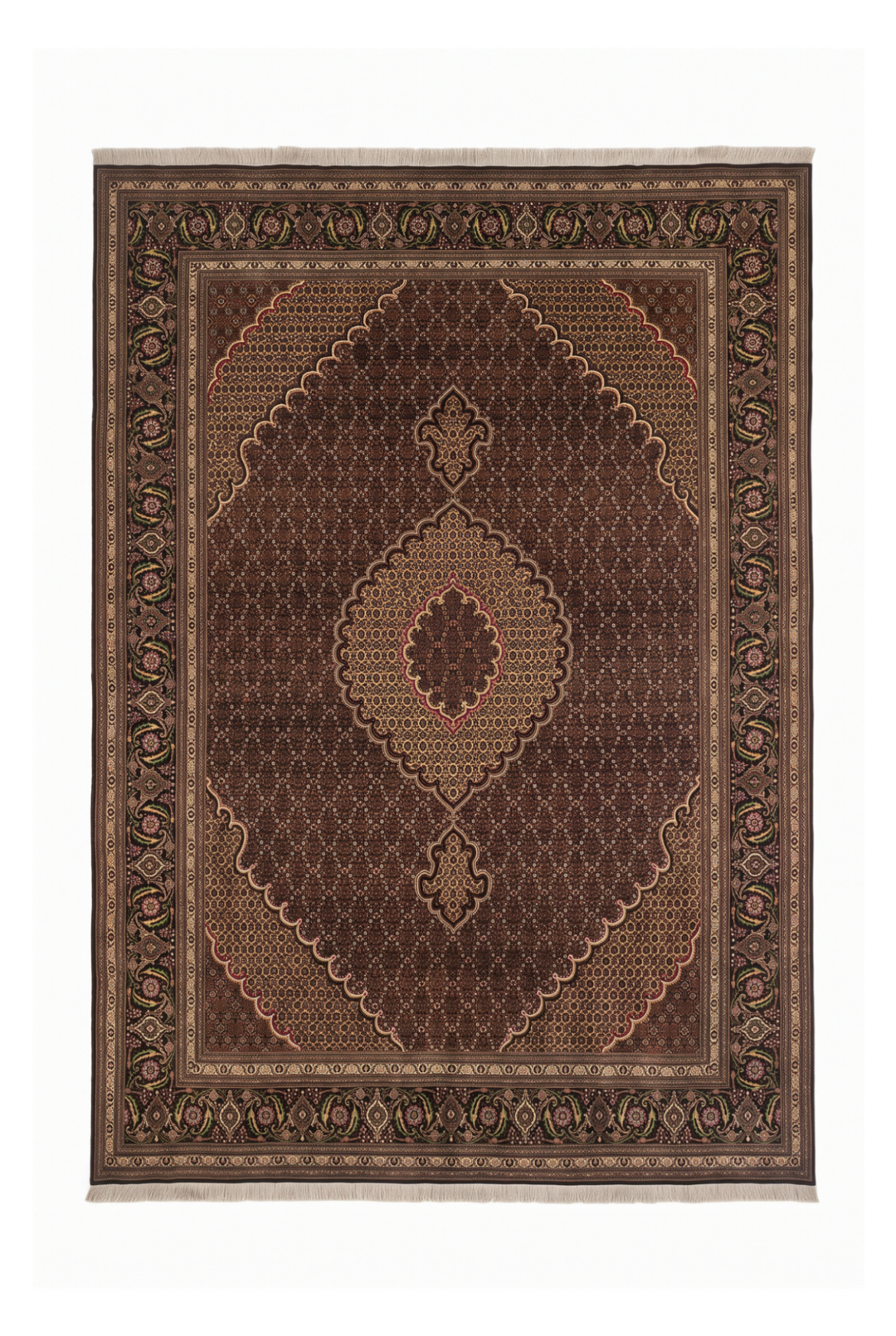 Brown Mahi Medallion Persian Tabriz, Hand-Knotted Wool Rug