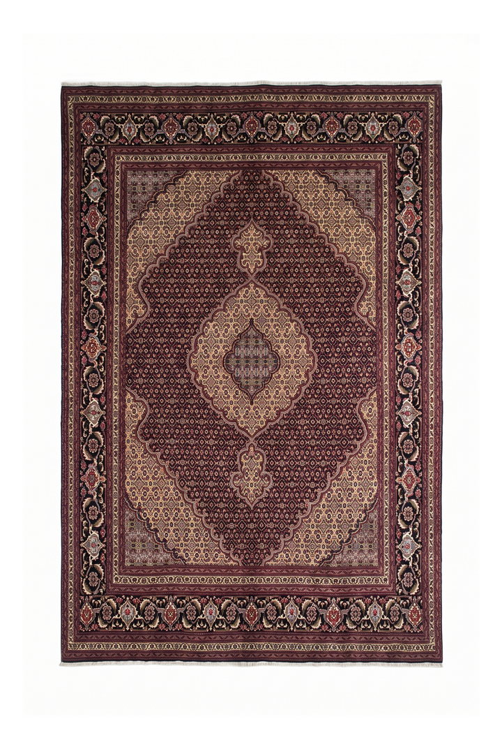 Burgundy Mahi Medallion Persian Tabriz, Hand-Knotted Wool Rug