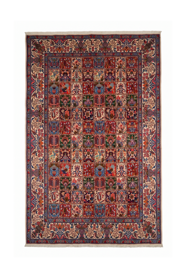Four Seasons Garden Panel Persian Sabzevar, Hand-Knotted Wool Rug
