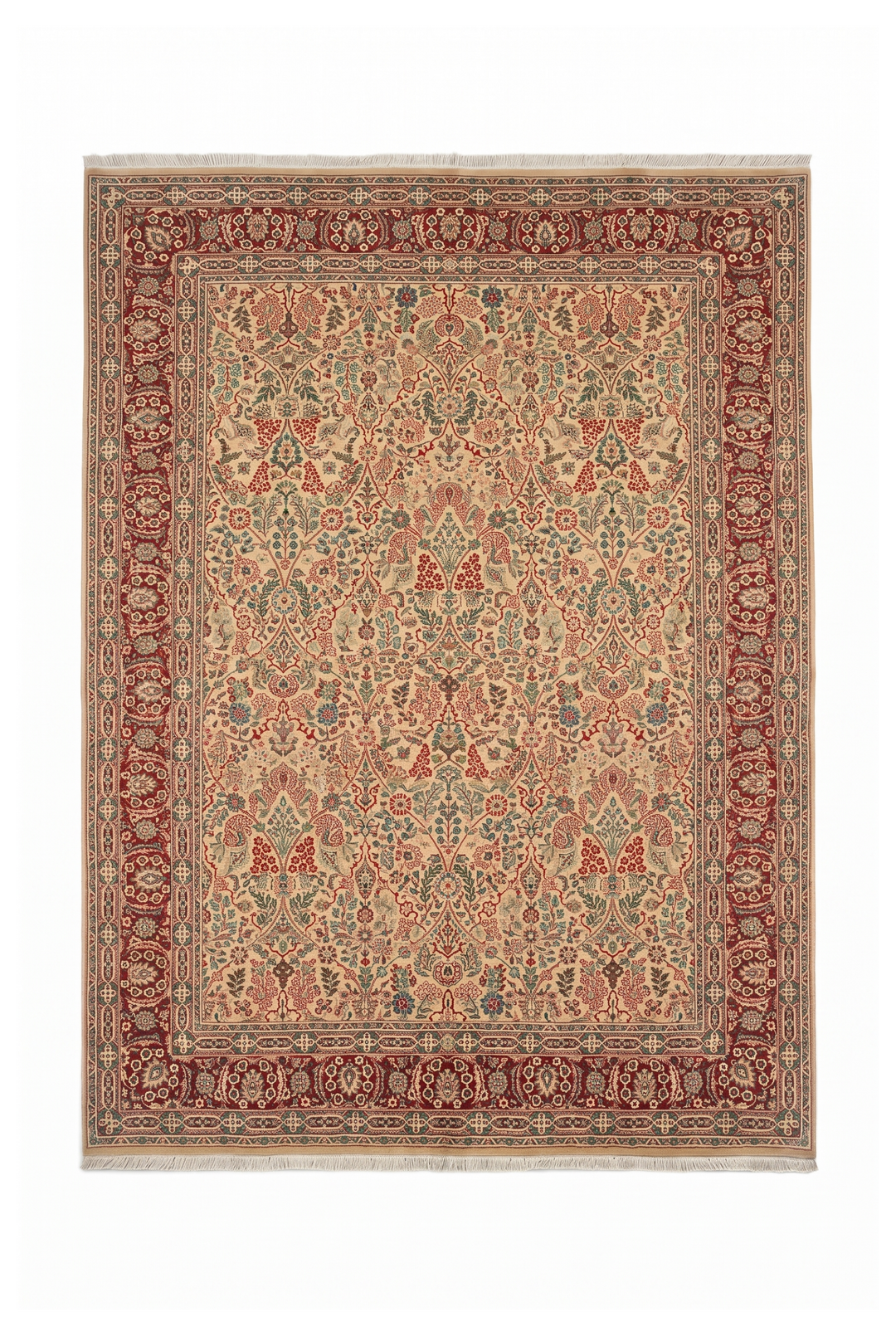 Cream and Red Floral, Hand-Knotted Pakistani Wool Rug