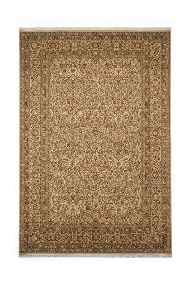 Cream and Brown Afshan Shah Abbasi, Hand-Knotted Pakistani Wool Rug