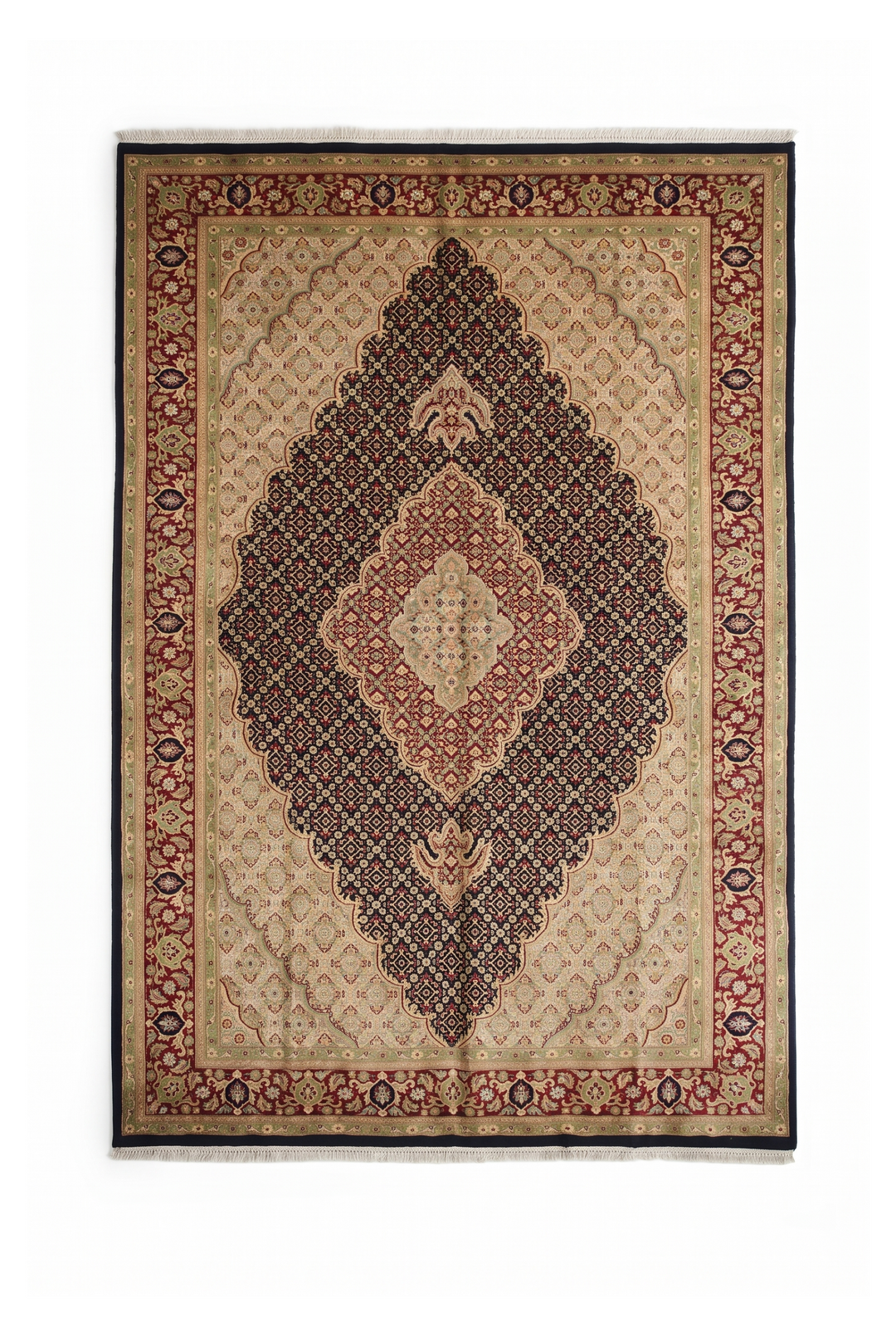 Navy and Cream Tabriz Mahi, Hand-Knotted Pakistani Wool and Silk Rug