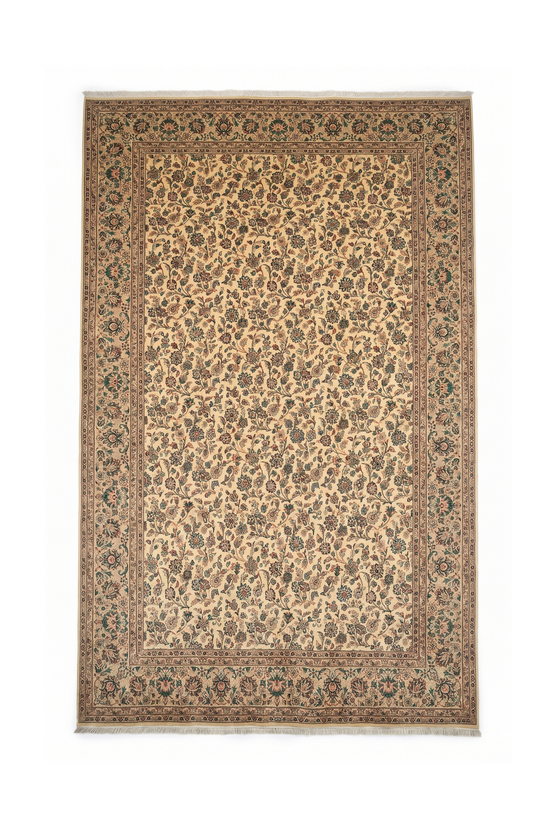 Cream and Green Floral Vine, Hand-Knotted Pakistani Wool Rug