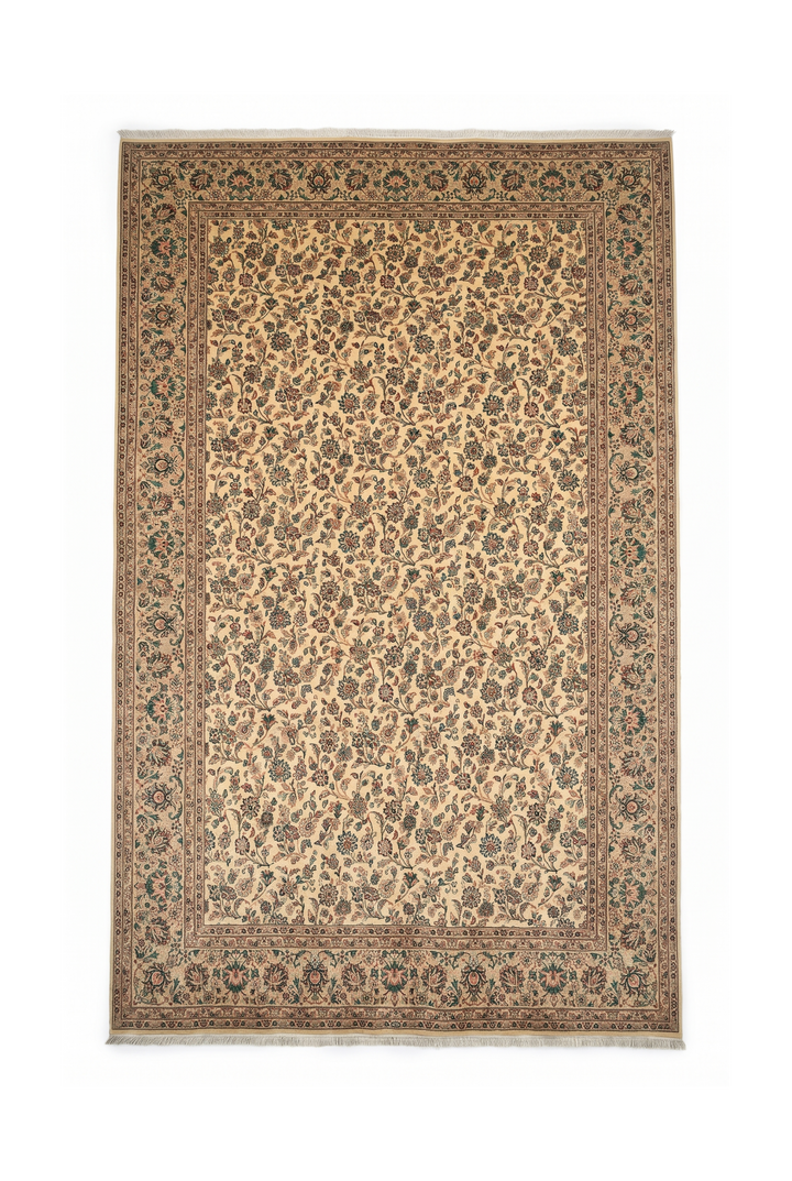 Cream and Green Floral Vine, Hand-Knotted Pakistani Wool Rug
