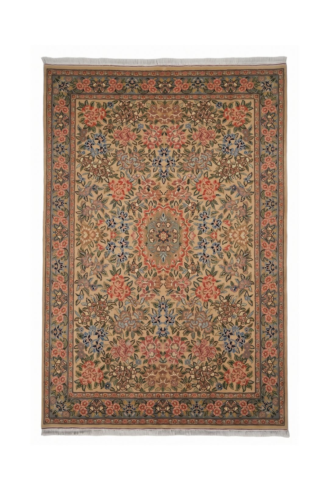 Camel and Pink Rose Floral, Hand-Knotted Wool Rug