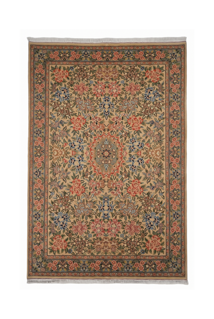 Camel and Pink Rose Floral, Hand-Knotted Wool Rug