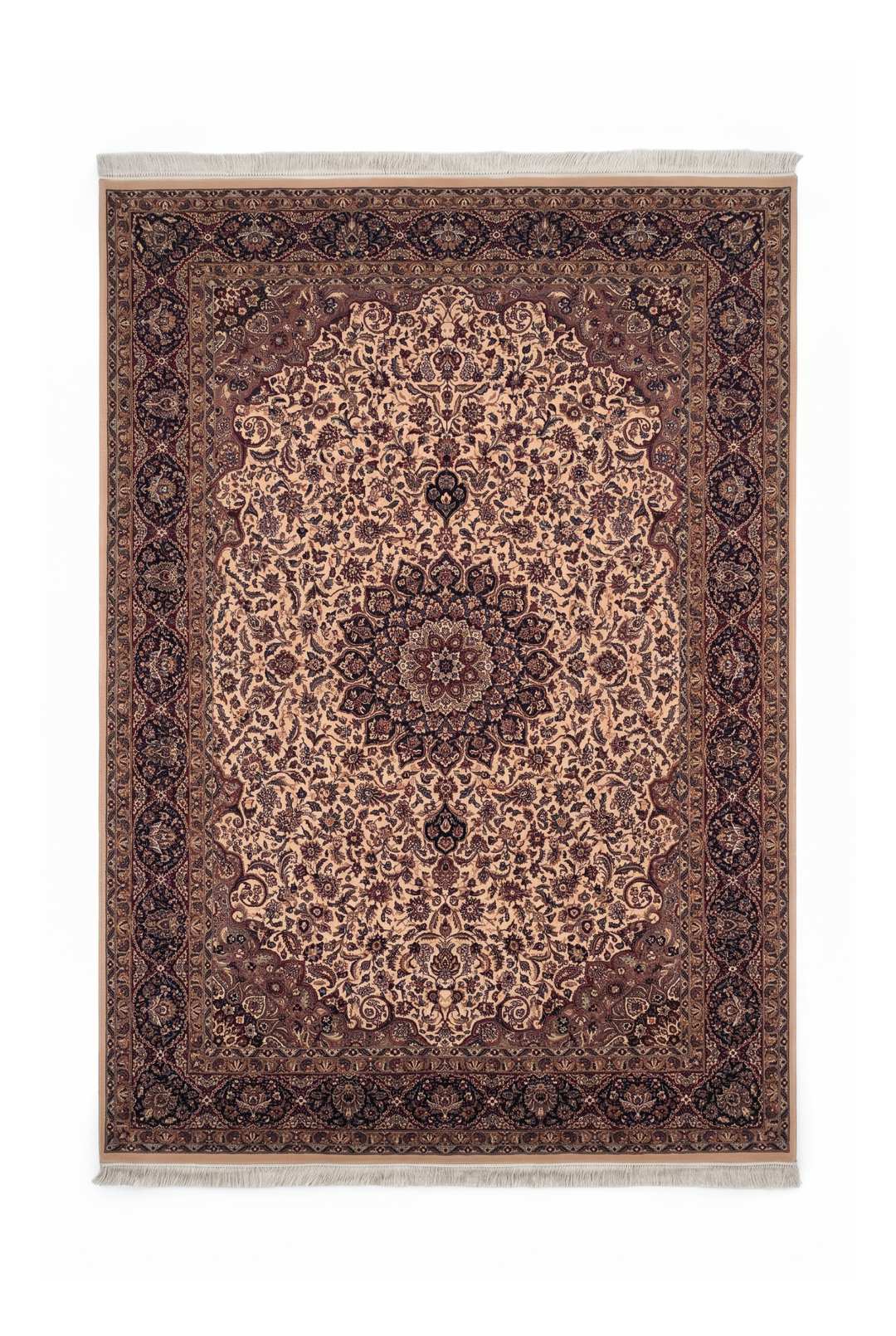Ivory and Navy Floral Medallion, Hand-Knotted Wool and Silk Rug