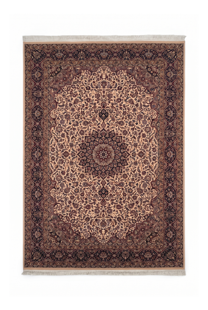 Ivory and Navy Floral Medallion, Hand-Knotted Wool and Silk Rug