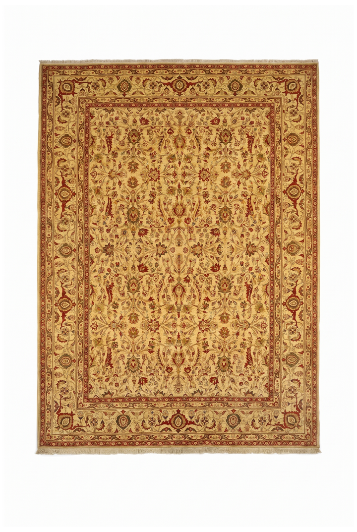 Gold and Red Floral Vine, Hand-Knotted Wool Rug