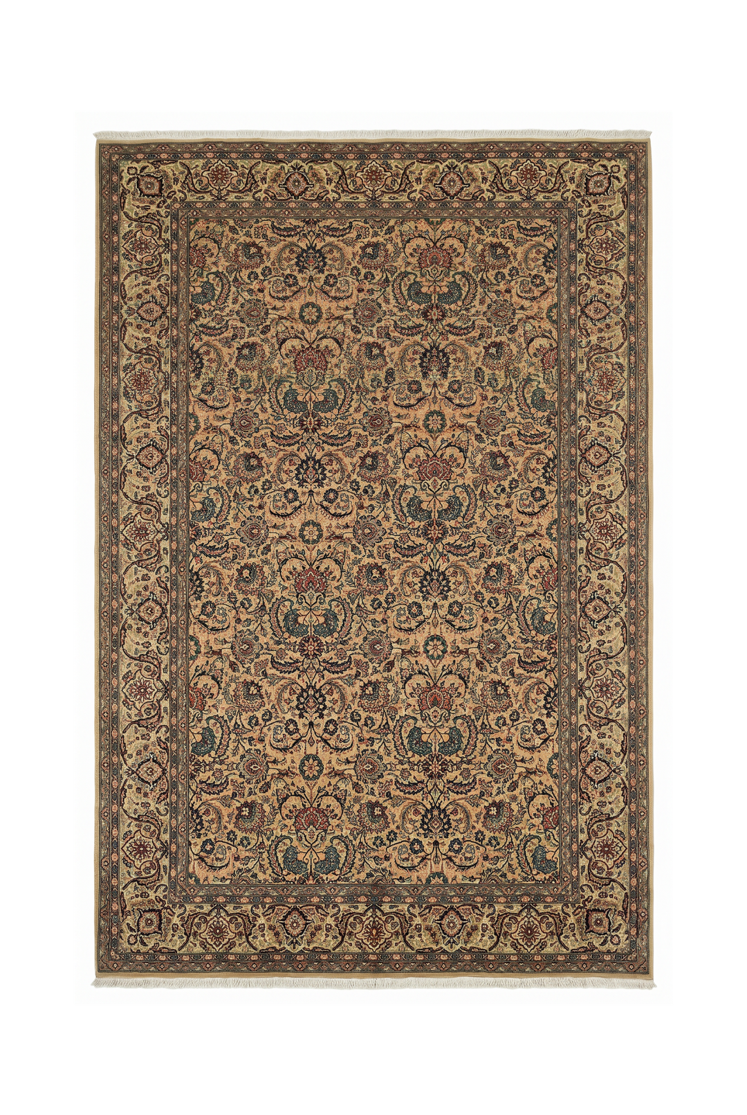 Gold and Teal Floral Vine, Hand-Knotted Wool Rug