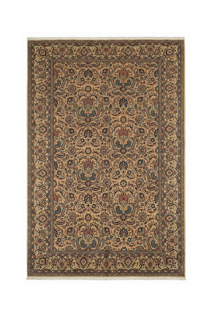 Gold and Teal Floral Vine, Hand-Knotted Wool Rug