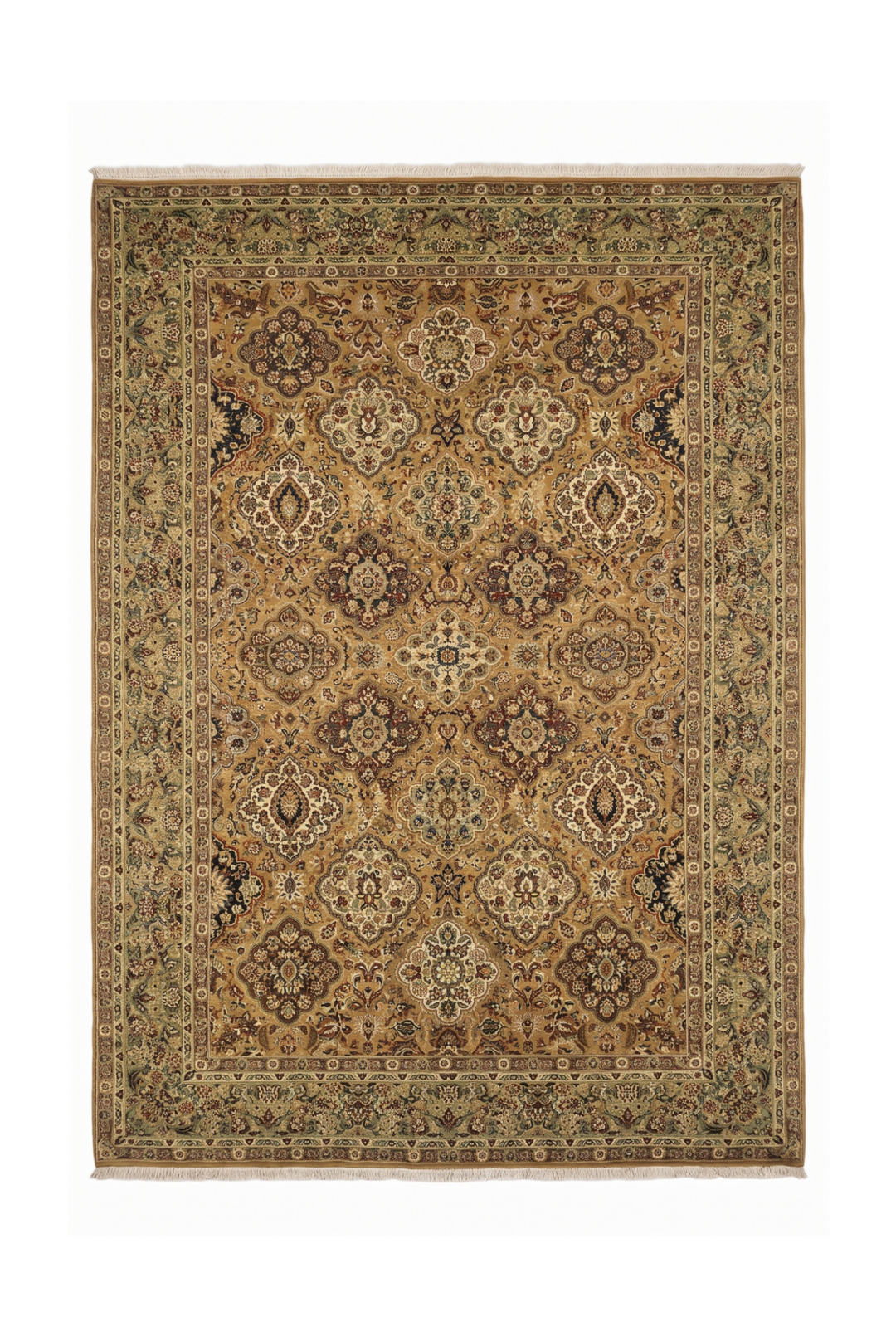 Gold and Sage Repeating Floral, Hand-Knotted Wool Rug