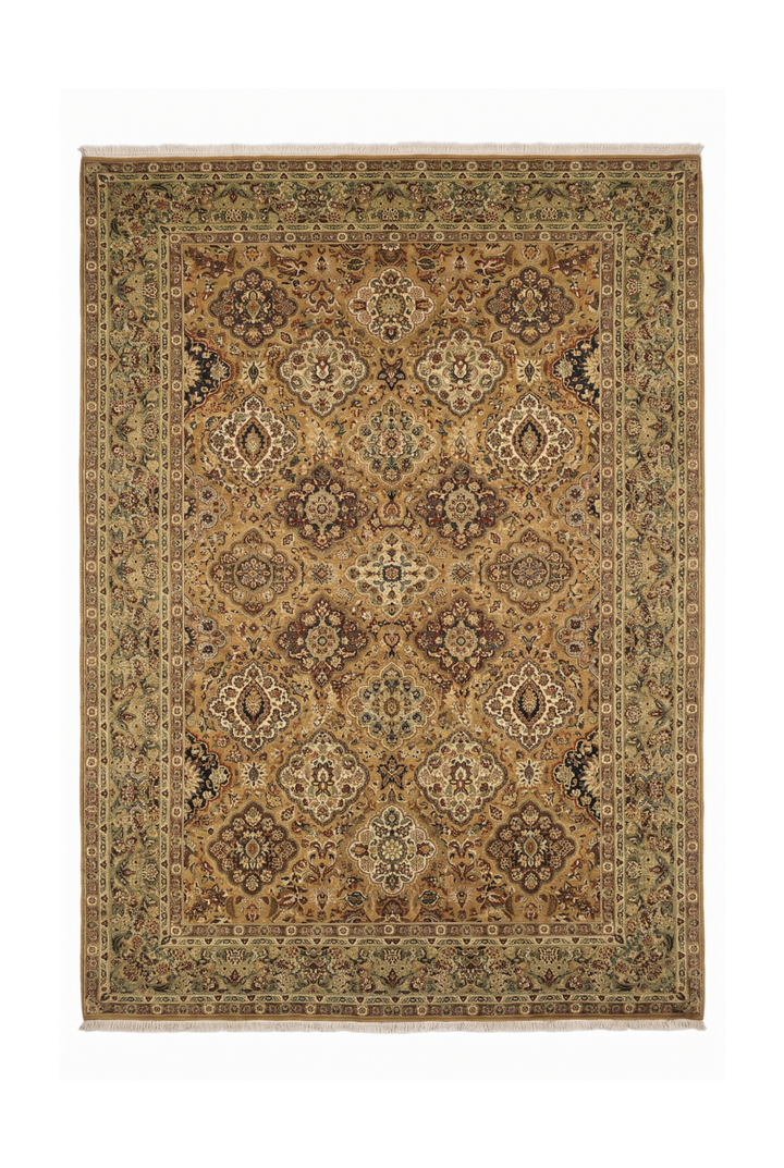 Gold and Sage Repeating Floral, Hand-Knotted Wool Rug