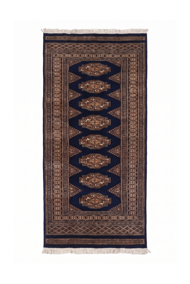 Navy and Beige Yamoud Rug, Hand-Knotted Wool