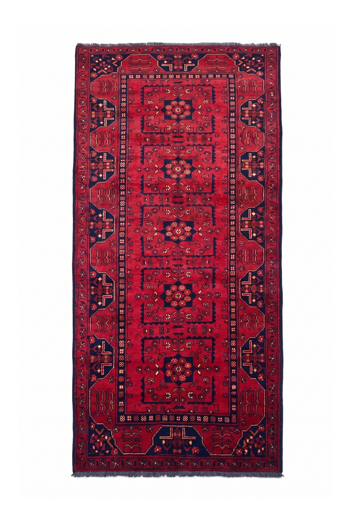 Red and Navy Khan Muhammadi Rug, Hand-Knotted Wool