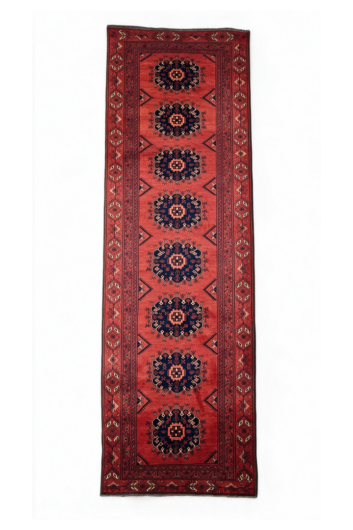 Red and Navy Khan Muhammadi Runner, Hand-Knotted Wool