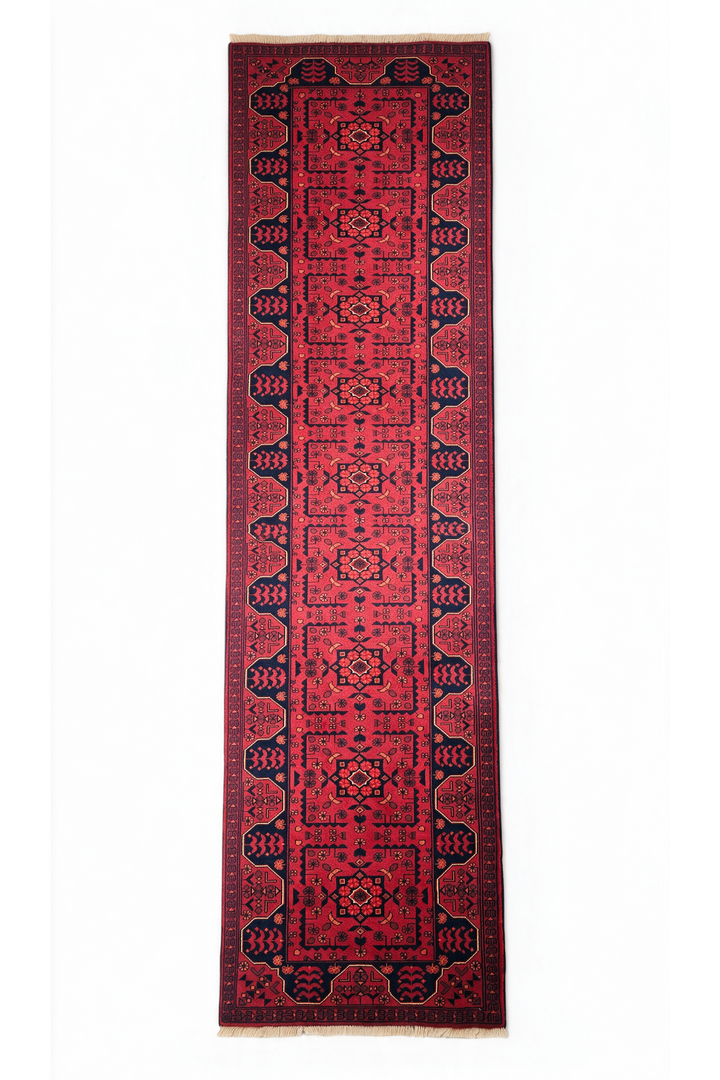 Cherry Red and Navy Khan Muhammadi Runner, Hand-Knotted Wool