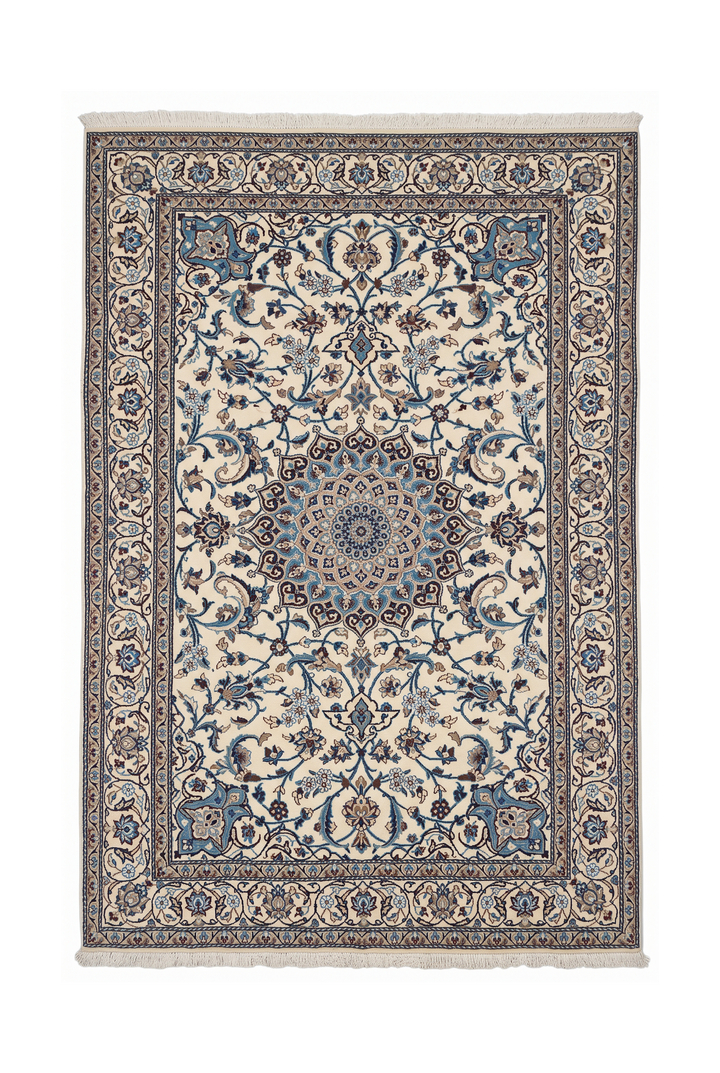 Ivory and Sky Blue Medallion Nain, Hand-Knotted Wool Rug