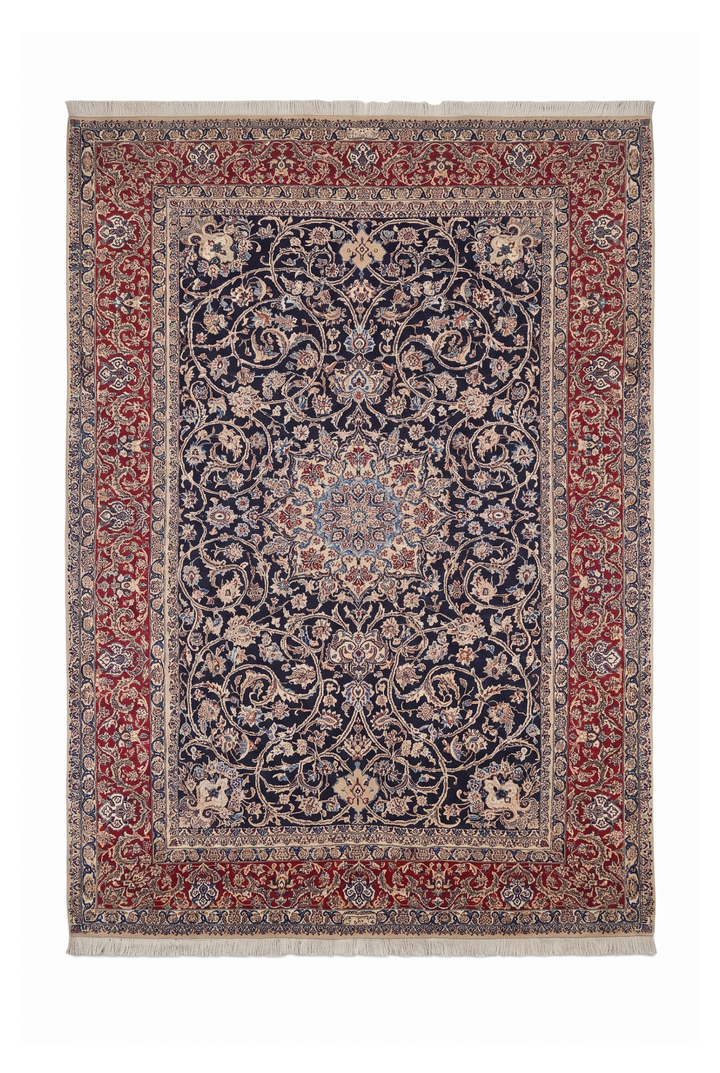 Navy and Red Medallion Nain, Hand-Knotted Wool Rug