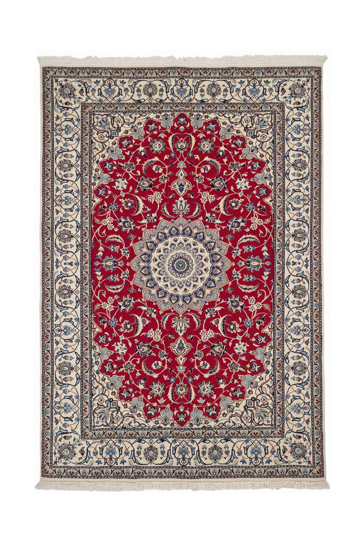 Red and Ivory Medallion Nain, Hand-Knotted Wool Rug