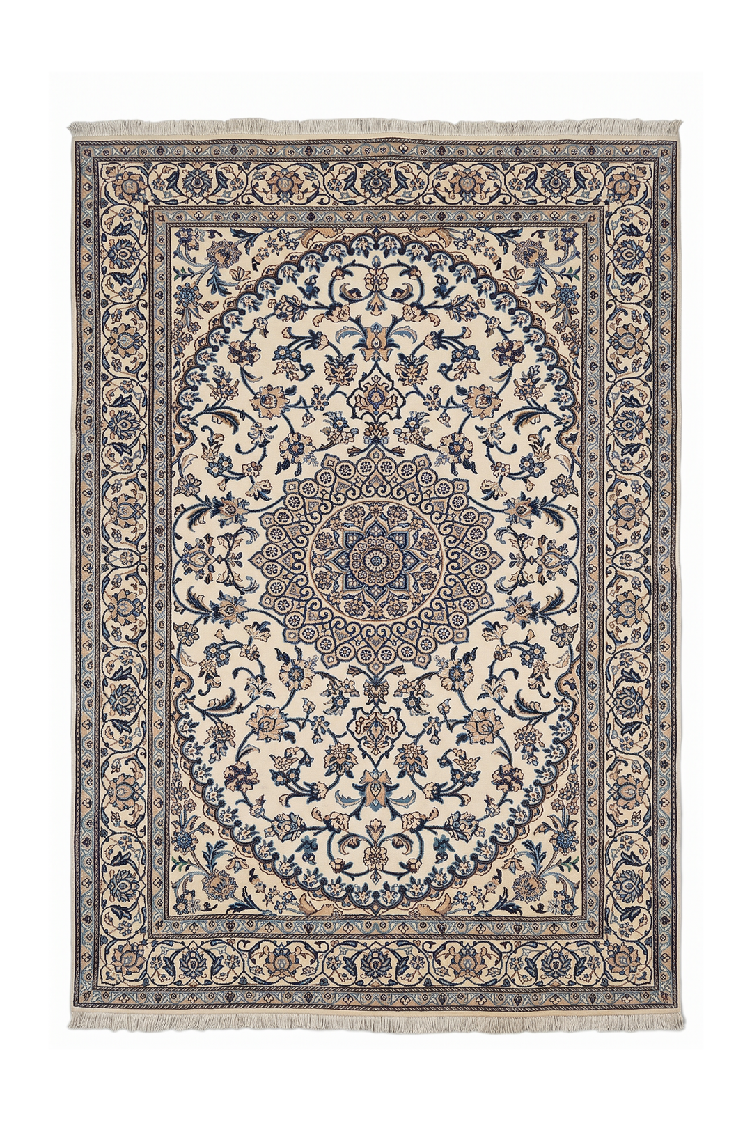 Cream and Blue Medallion Nain, Hand-Knotted Wool Rug