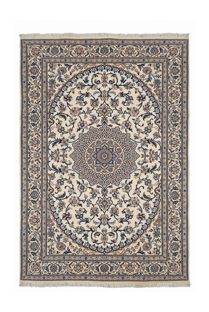 Cream and Blue Medallion Nain, Hand-Knotted Wool Rug