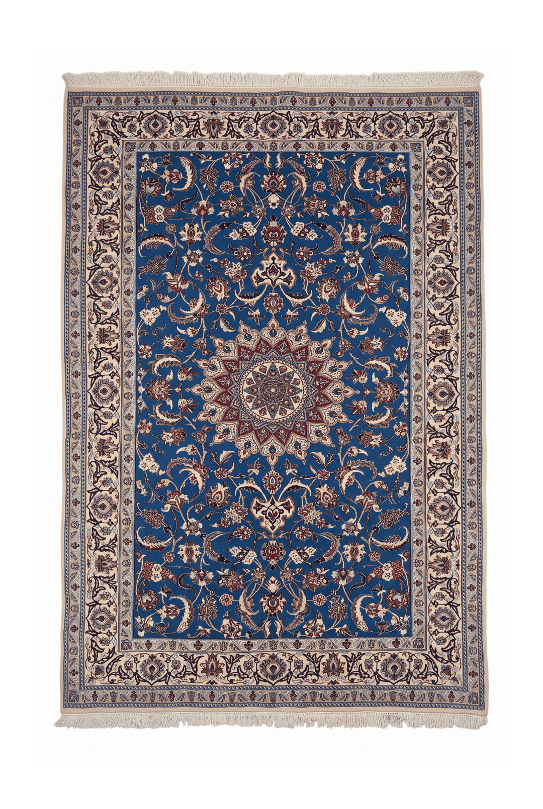 Cobalt Blue and Ivory Medallion Nain, Hand-Knotted Wool Rug